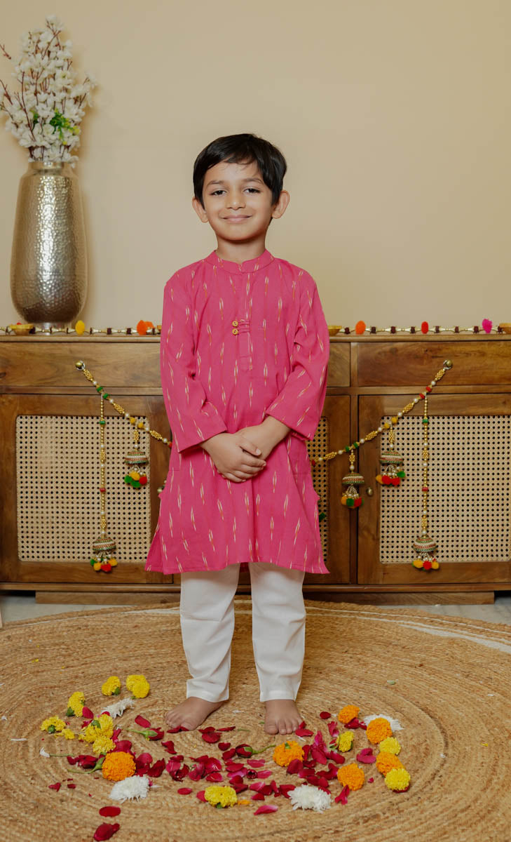 Pink Cotton Collar Neck Kurta For Boys