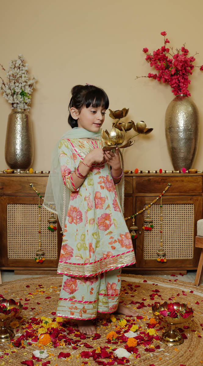 Cotton Kurta Skirt Dupatta Set For Girls