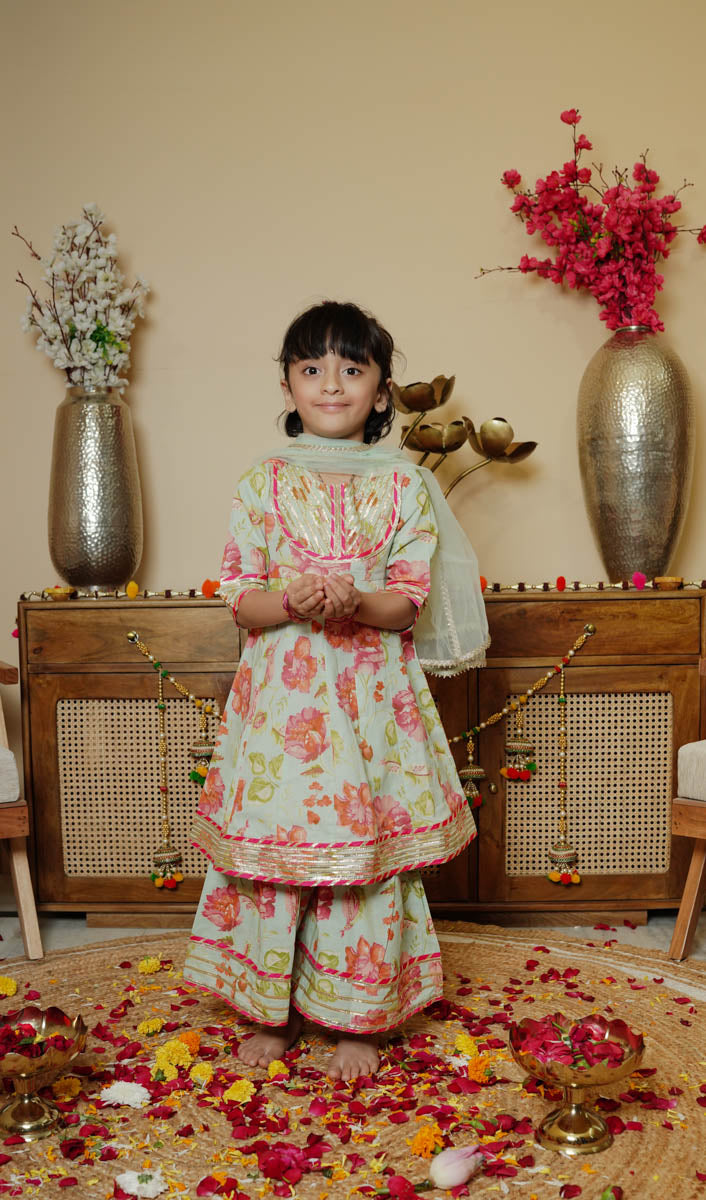 Cotton Kurta Skirt Dupatta Set For Girls