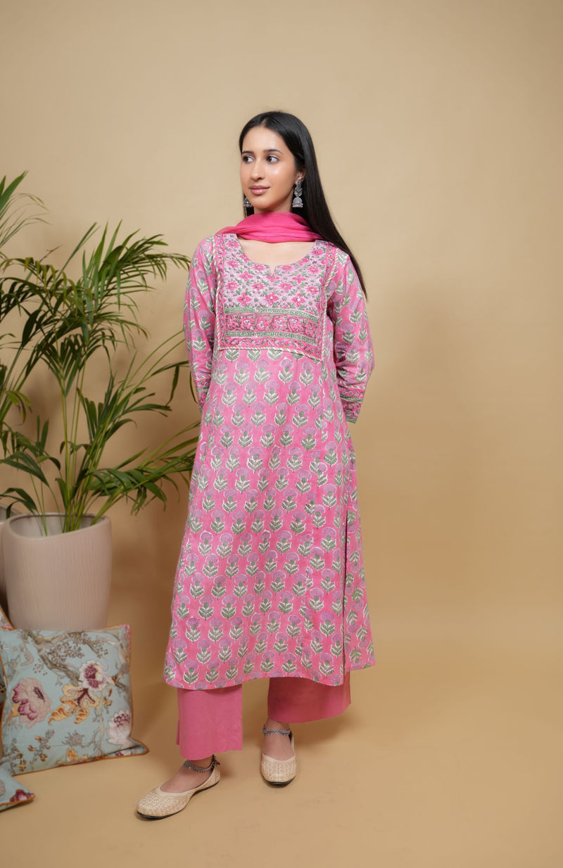 Pink Cotton Handblock Printed Mirror & Sequence Work Round with V-Neck Women's Kurta