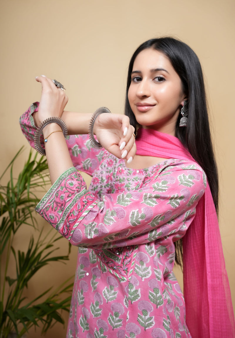 Pink Cotton Handblock Printed Mirror & Sequence Work Round with V-Neck Women's Kurta