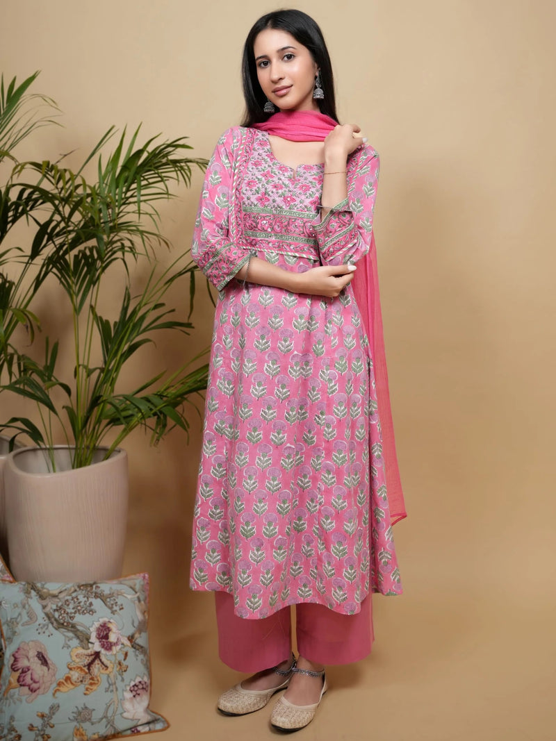 Pink Cotton Handblock Printed Mirror & Sequence Work Round with V-Neck Women's Kurta