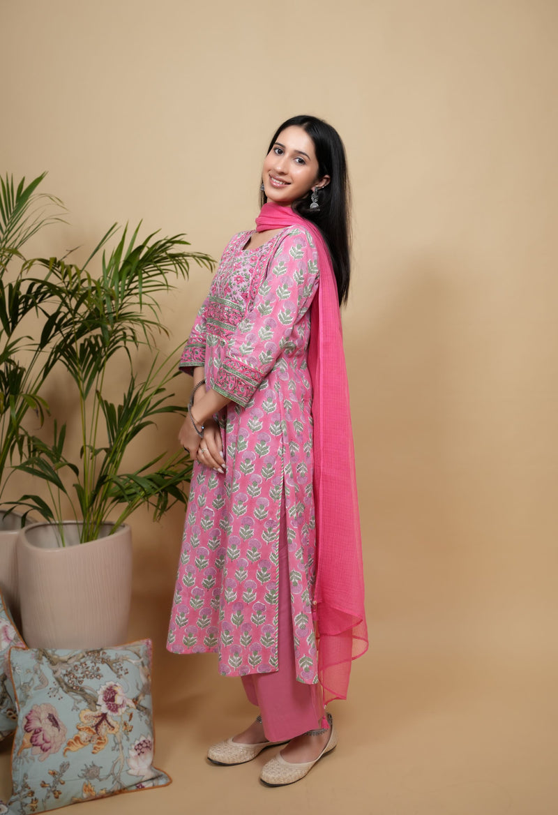 Pink Cotton Handblock Printed Mirror & Sequence Work Round with V-Neck Women's Kurta
