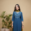 Blue Cotton Flax Round with V-Neck Kurta For Women's