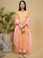 Yellow Cotton Dobby Handblock Printed Sequence & Mirror Work Round with V-Neck Women's Kurta