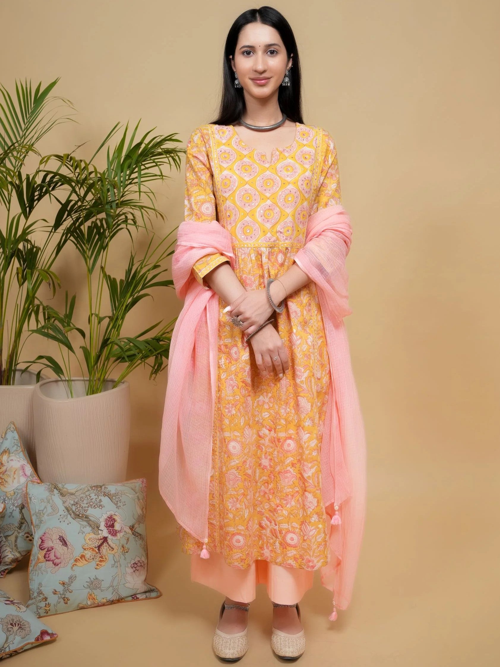 Yellow Cotton Dobby Handblock Printed Sequence & Mirror Work Round with V-Neck Women's Kurta