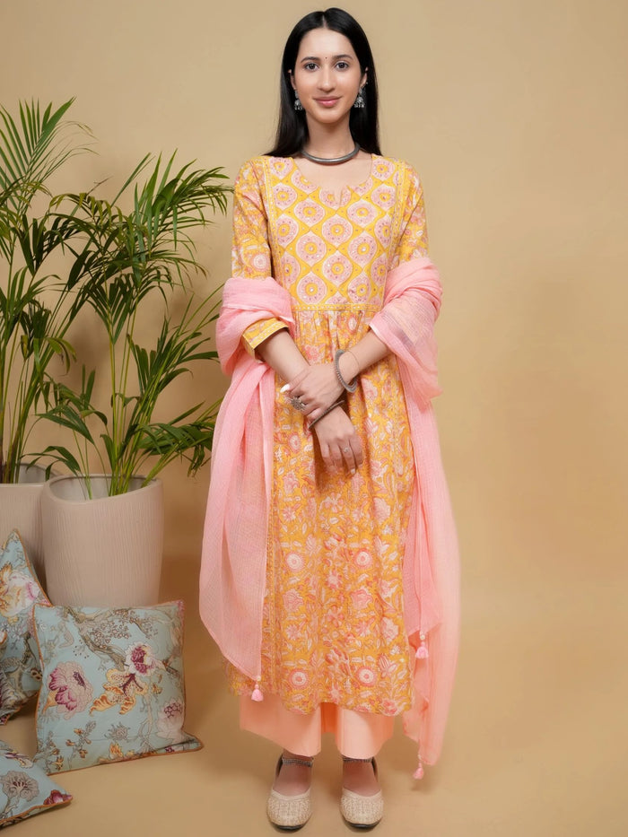 Yellow Cotton Dobby Handblock Printed Sequence & Mirror Work Round with V-Neck Women's Kurta