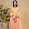 Yellow Cotton Dobby Handblock Printed Sequence & Mirror Work Round with V-Neck Women's Kurta