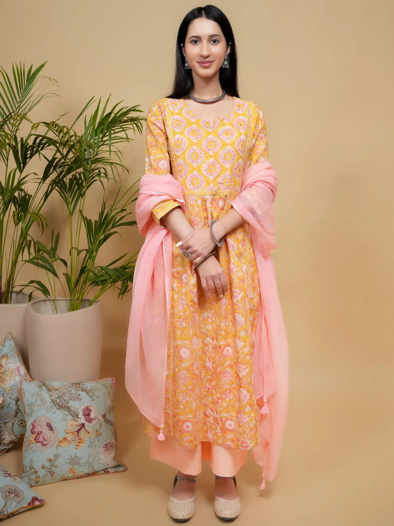 Yellow Cotton Dobby Handblock Printed Sequence & Mirror Work Round with V-Neck Women's Kurta