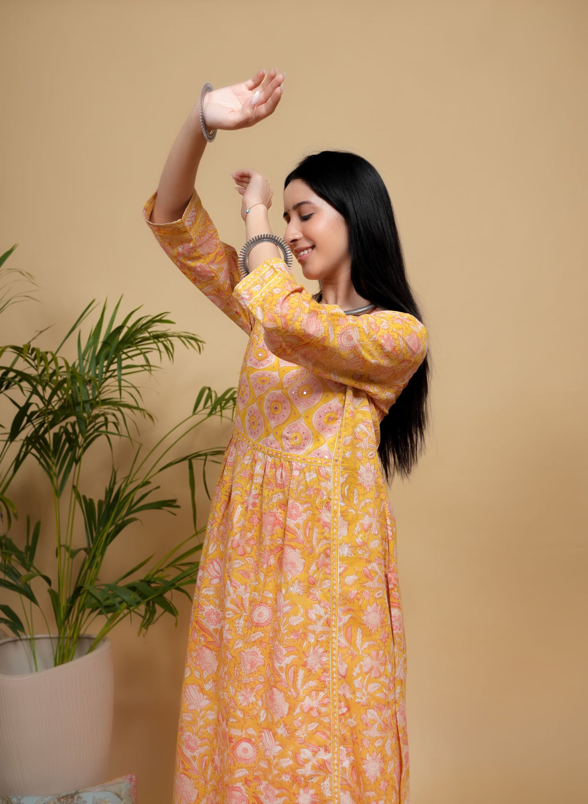 Yellow Cotton Dobby Handblock Printed Sequence & Mirror Work Round with V-Neck Women's Kurta