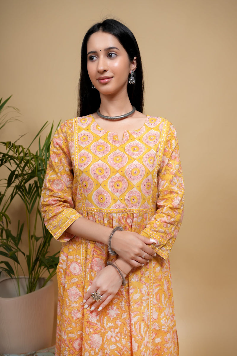 Yellow Cotton Dobby Handblock Printed Sequence & Mirror Work Round with V-Neck Women's Kurta