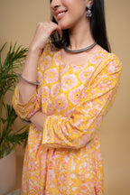 Yellow Cotton Dobby Handblock Printed Sequence & Mirror Work Round with V-Neck Women's Kurta