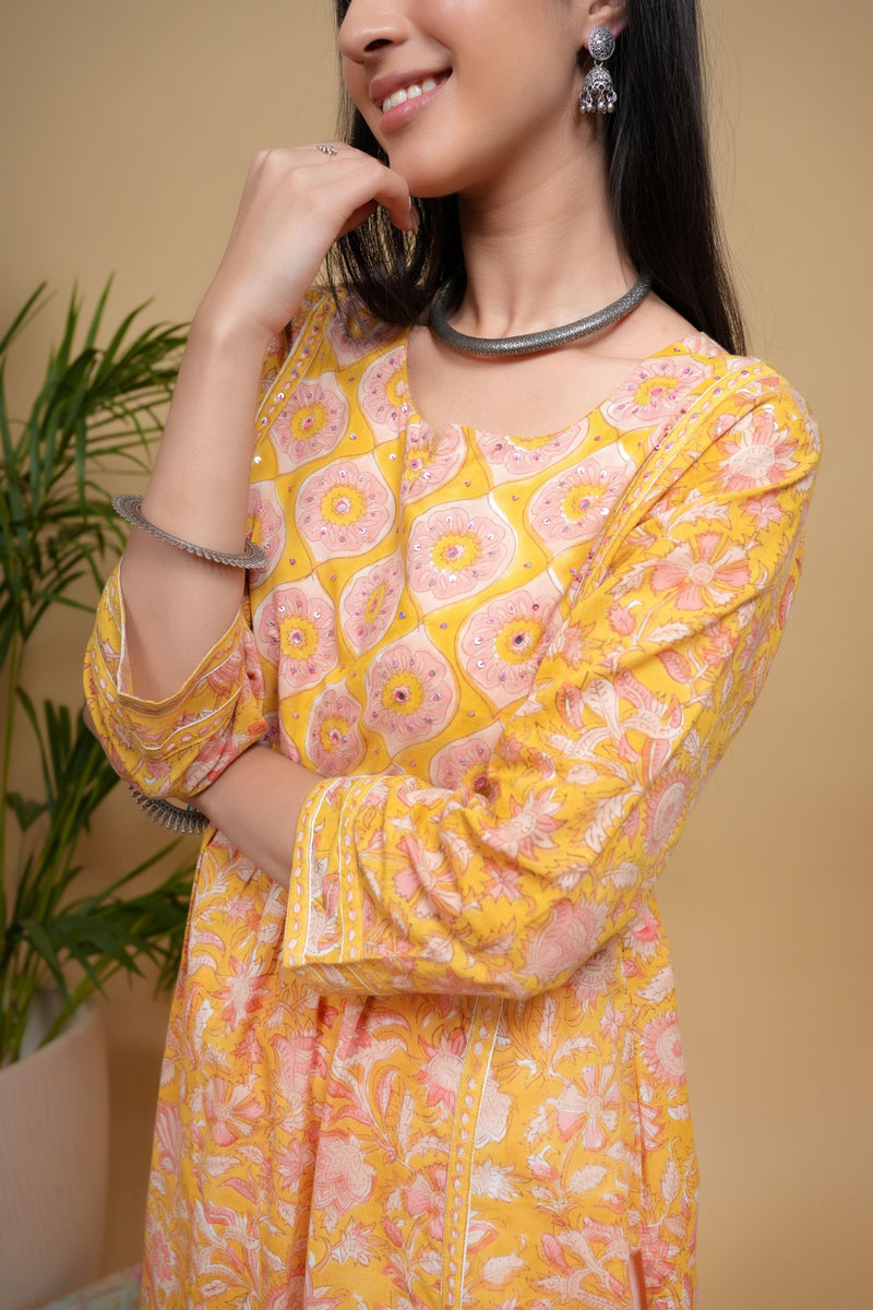 Yellow Cotton Dobby Handblock Printed Sequence & Mirror Work Round with V-Neck Women's Kurta