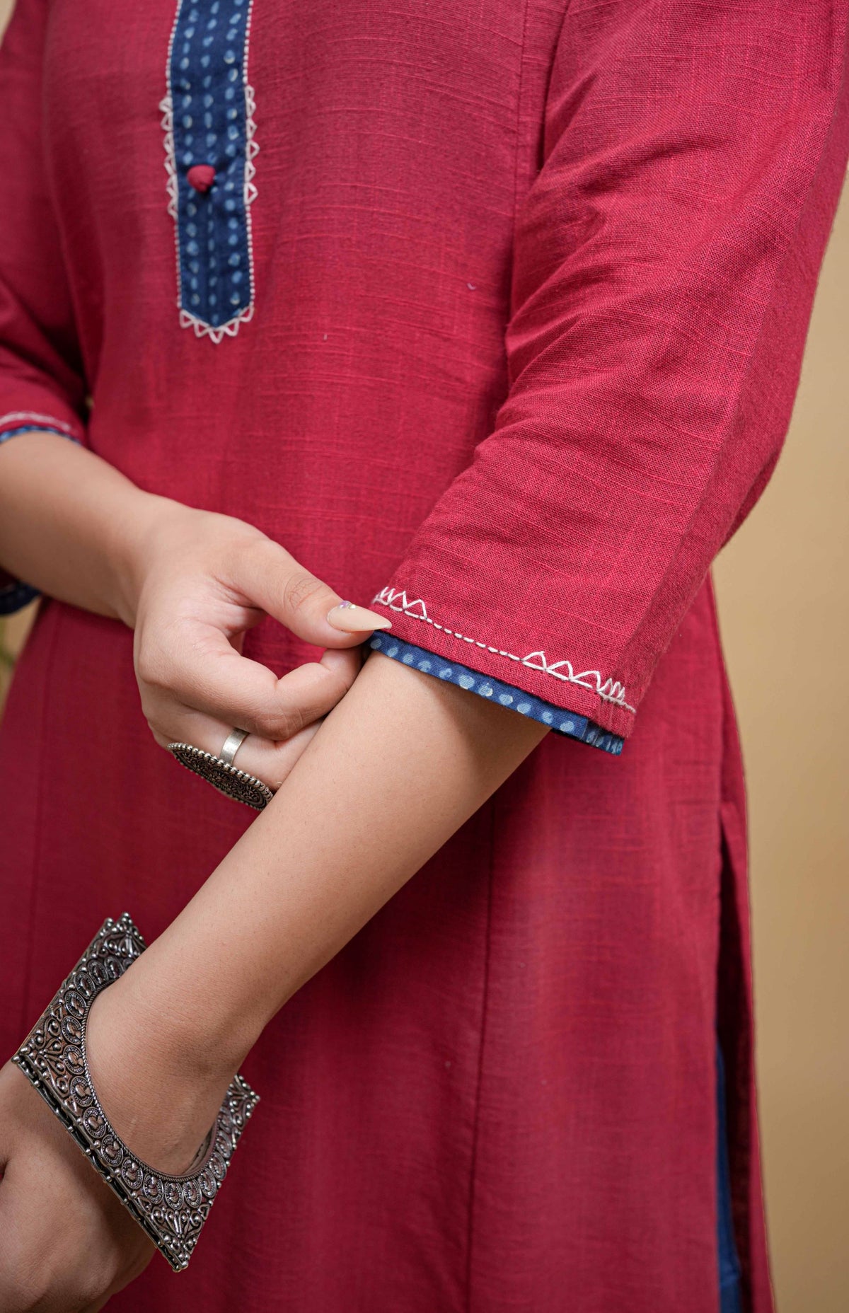 Maroon Flax Round Neck Yoke Highlighted With Buttons And Katha Work Kurta