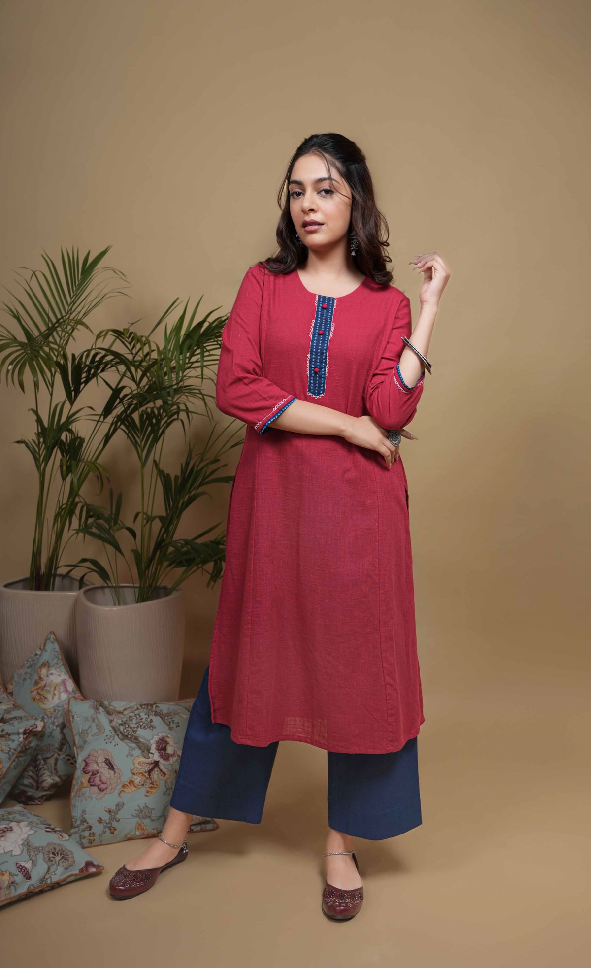 Maroon Flax Round Neck Yoke Highlighted With Buttons And Katha Work Kurta