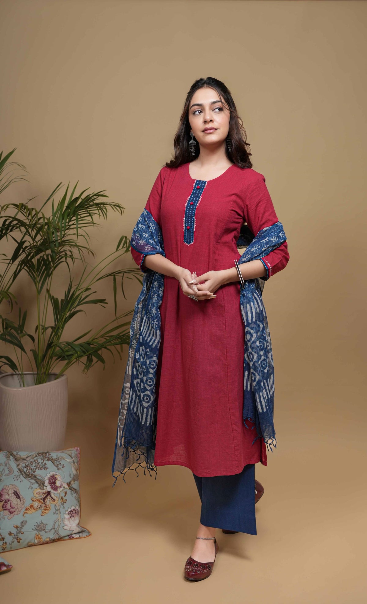 Maroon Flax Round Neck Yoke Highlighted With Buttons And Katha Work Kurta