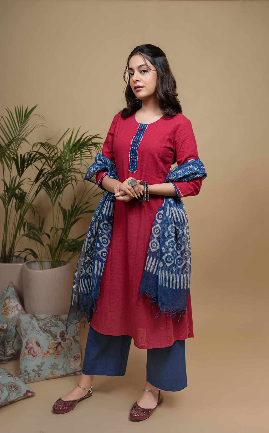 Maroon Flax Round Neck Yoke Highlighted With Buttons And Katha Work Kurta