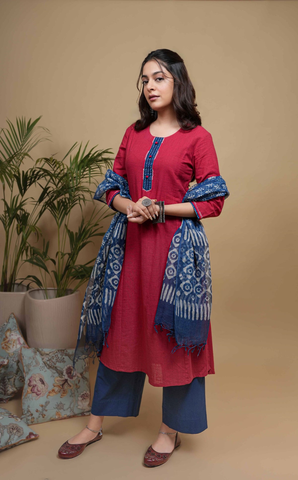 Maroon Flax Round Neck Yoke Highlighted With Buttons And Katha Work Kurta