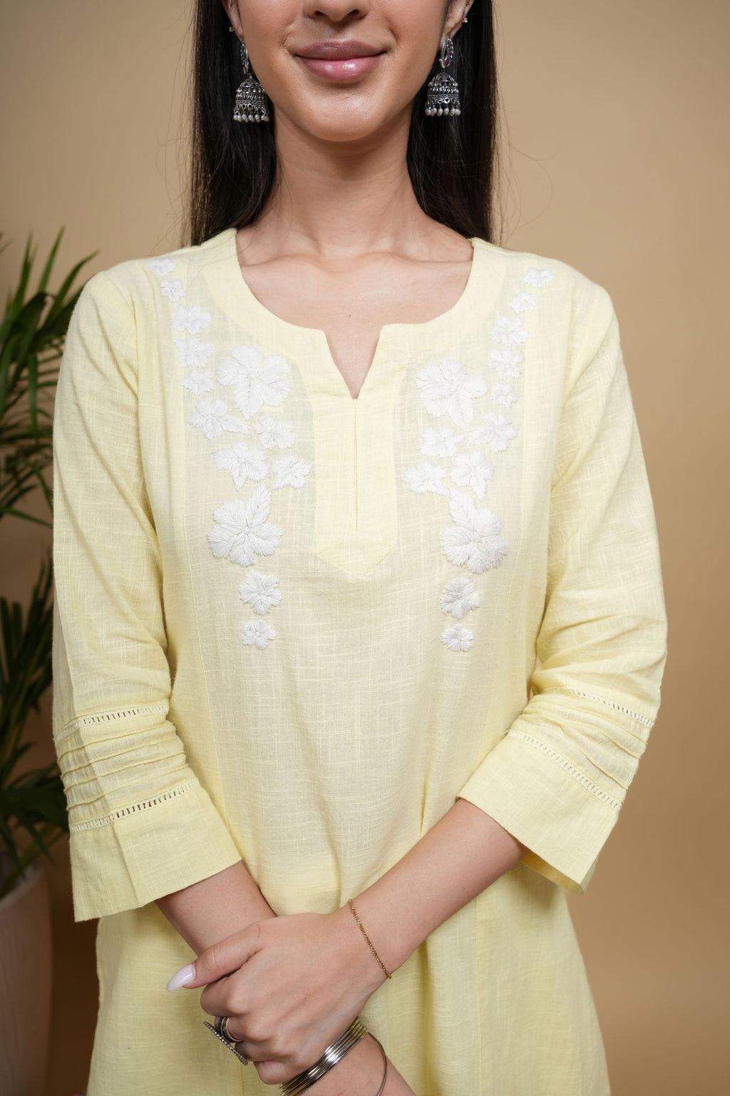 Lemon Yellow Cotton Flax Round with V-Neck Kurta For Women's