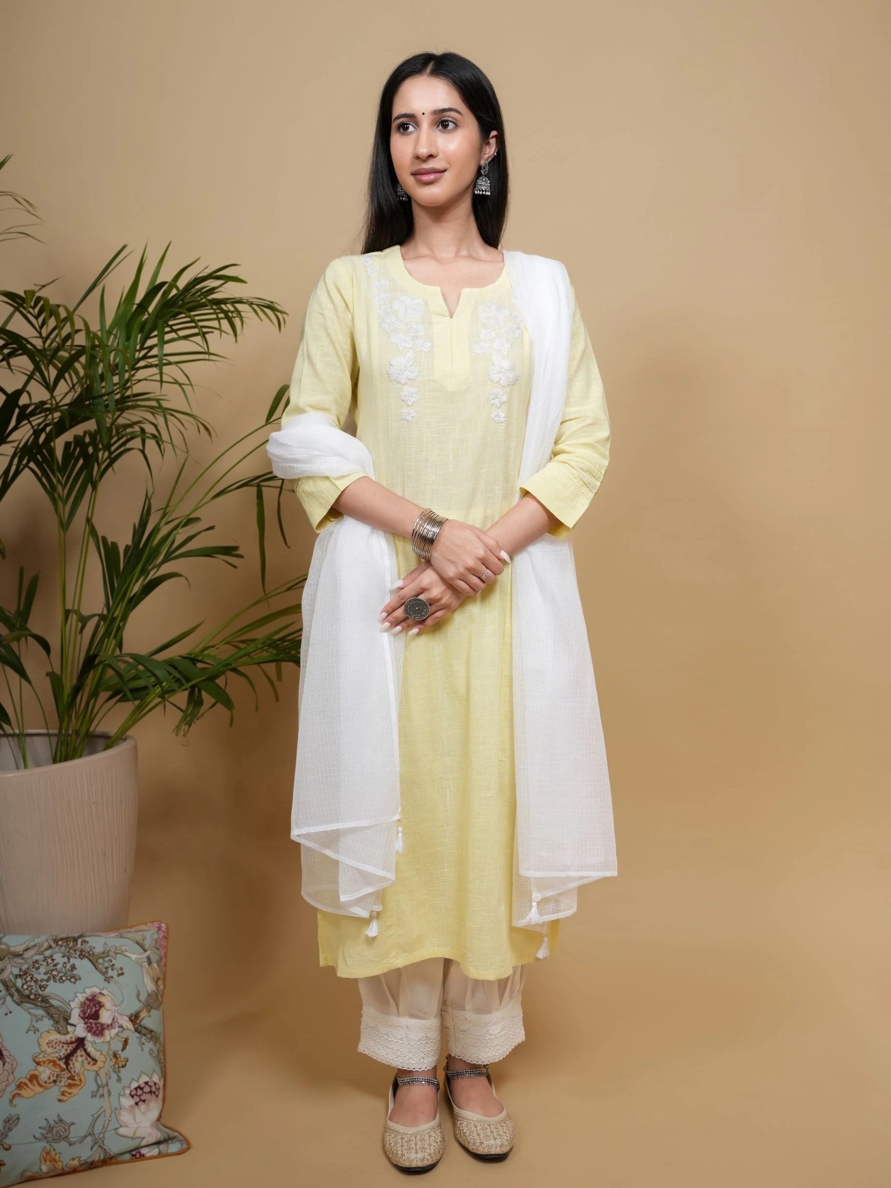 Lemon Yellow Cotton Flax Round with V-Neck Kurta For Women's