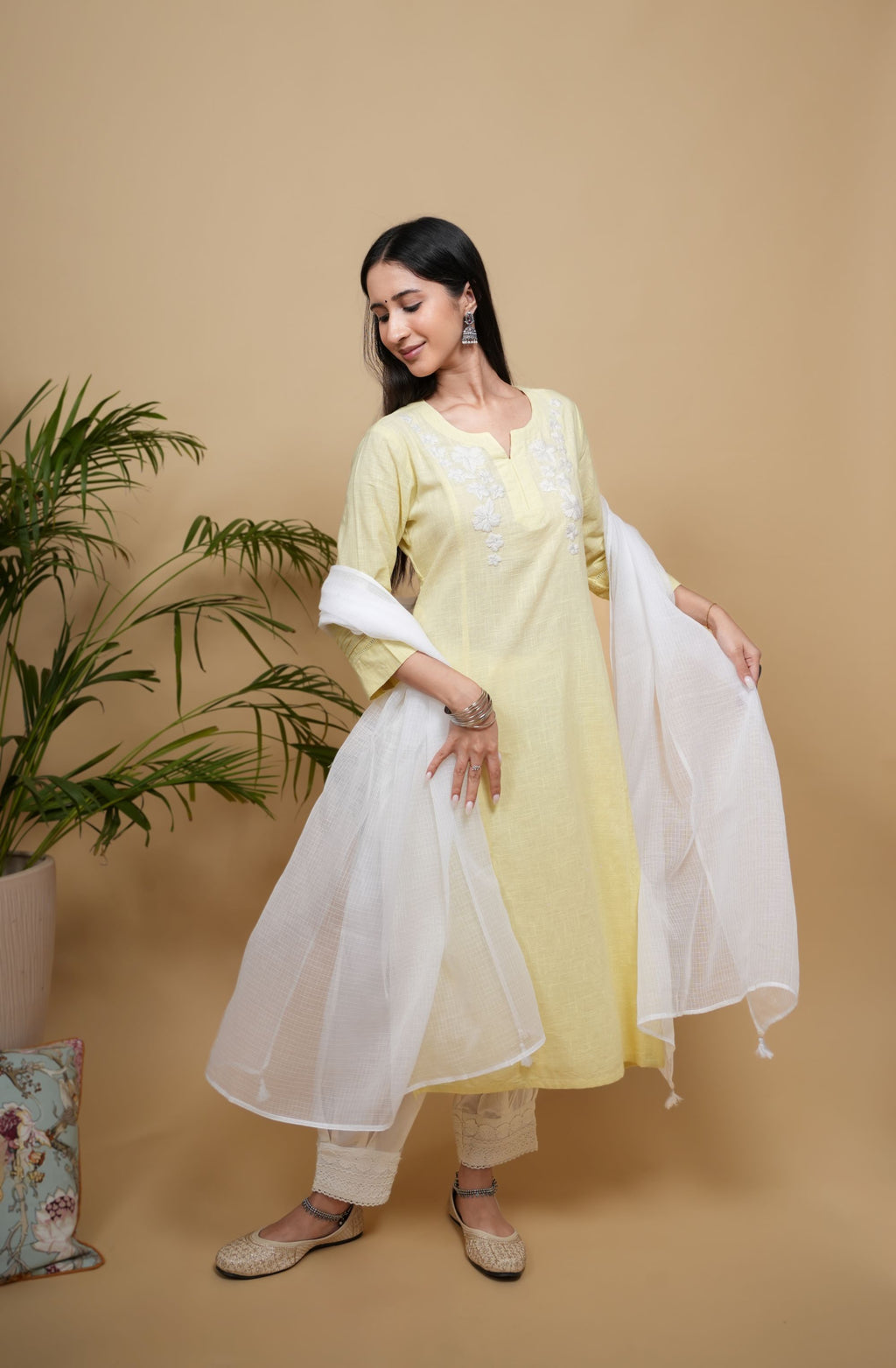 Lemon Yellow Cotton Flax Round with V-Neck Kurta For Women's
