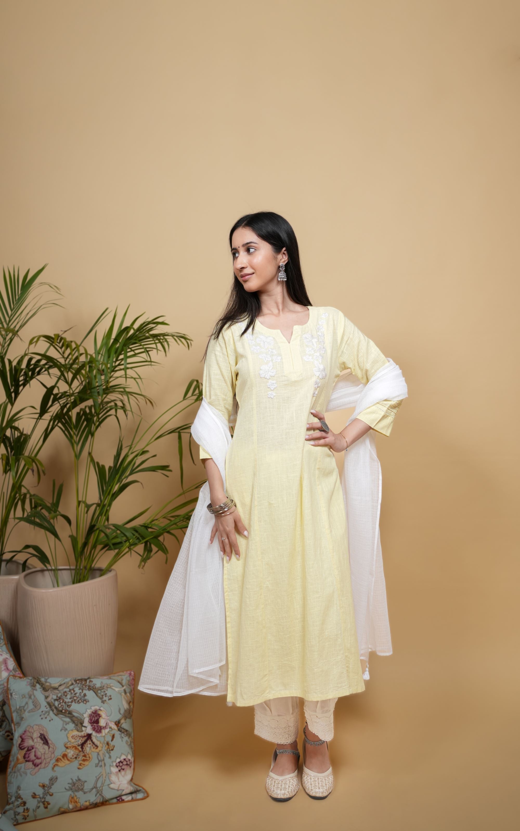 Lemon Yellow Cotton Flax Round with V-Neck Kurta For Women's