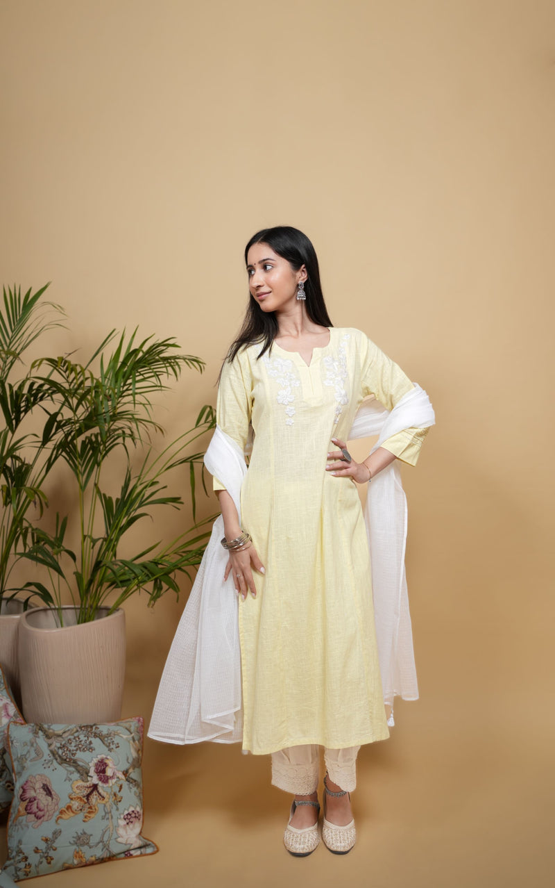 Lemon Yellow Cotton Flex Round with V-Neck Kurta For Women's
