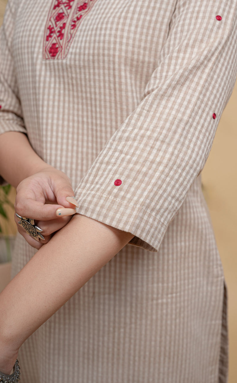 Beige Handloom V-Neck Embroidery Kurta Pant with Dupatta for Women's