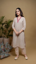 Beige Handloom V-Neck Embroidery Kurta Pant with Dupatta for Women's