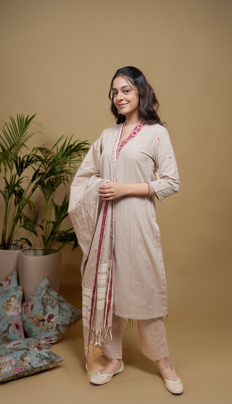 Beige Handloom V-Neck Embroidery Kurta Pant with Dupatta for Women's
