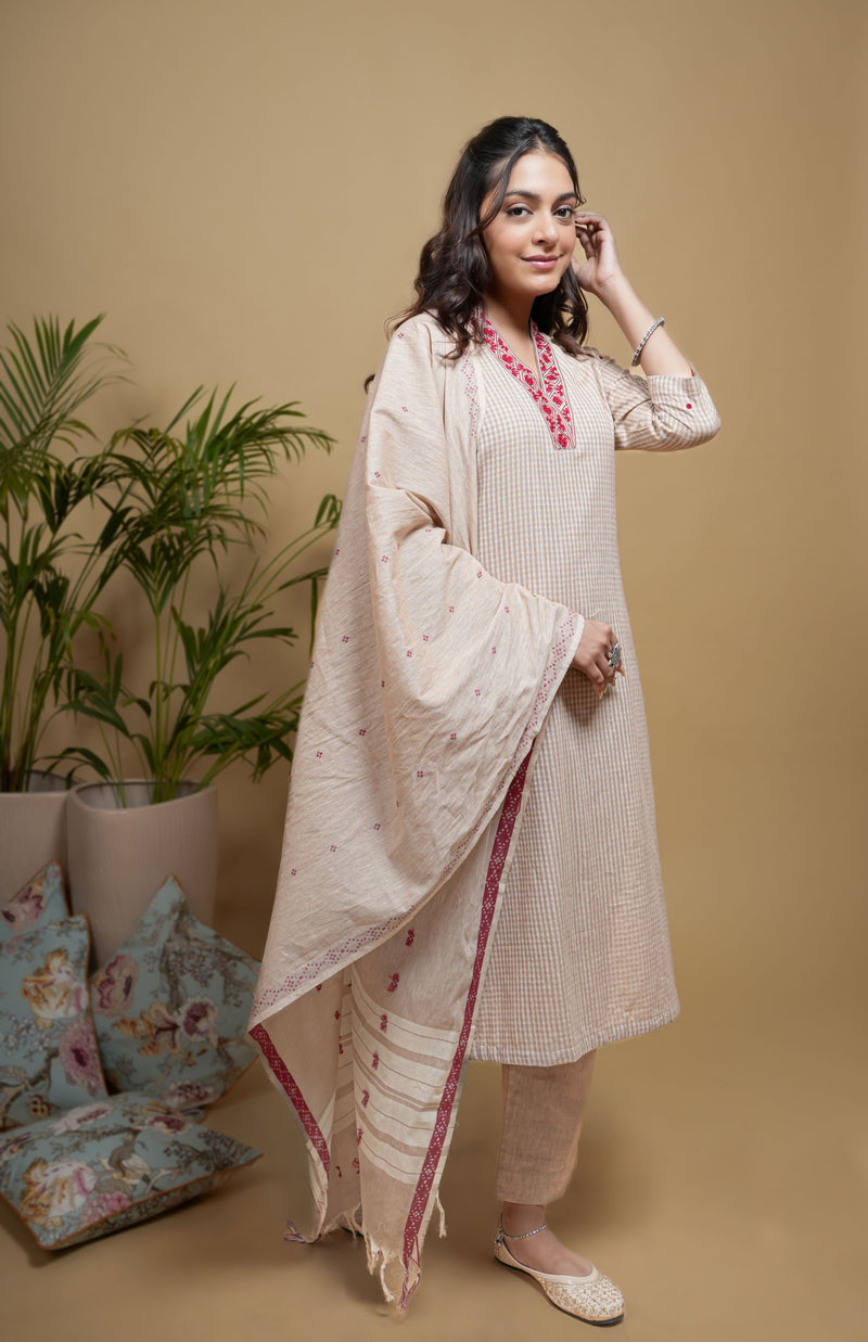Beige Handloom V-Neck Embroidery Kurta Pant with Dupatta for Women's