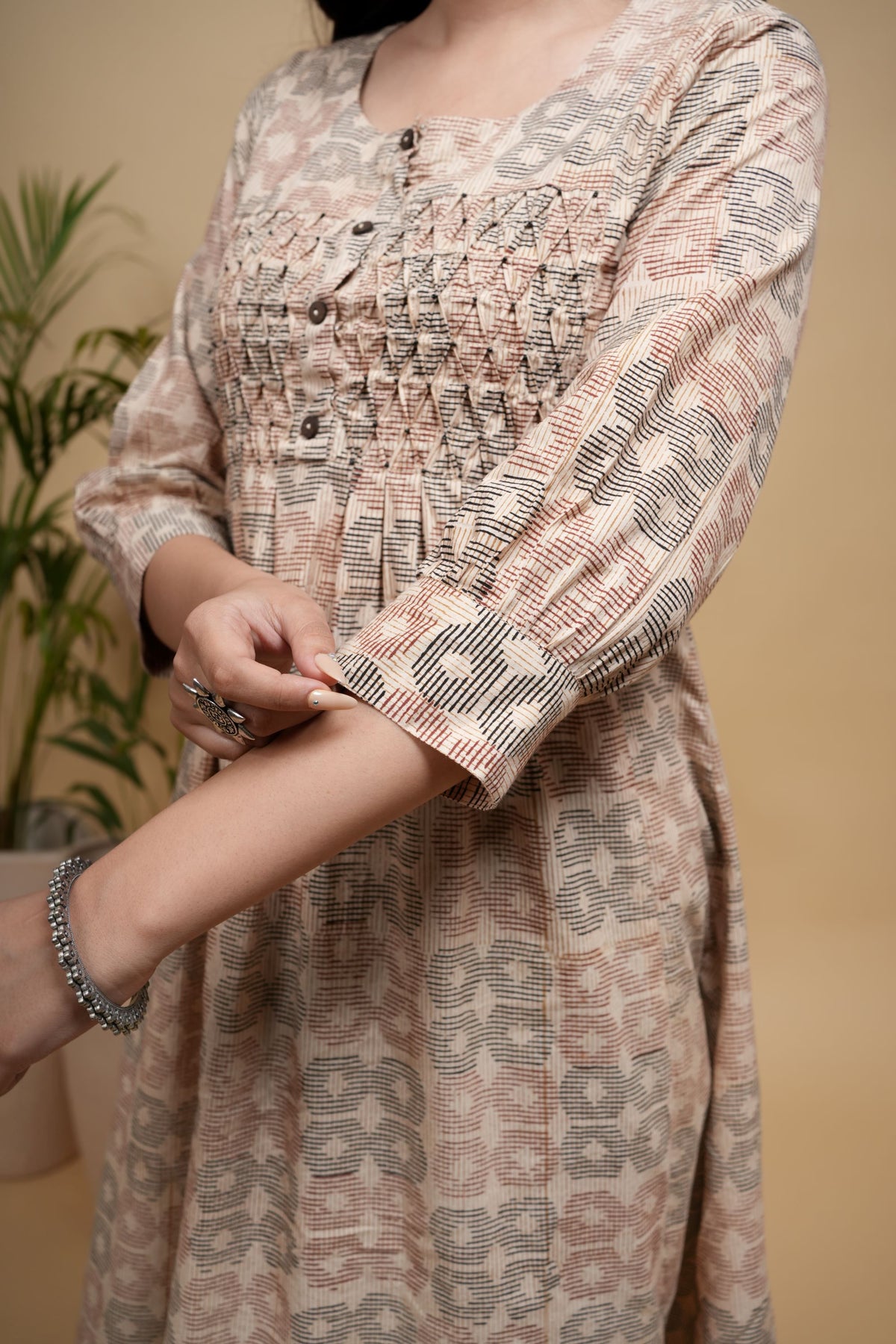 Beige Cotton Handblock Printed Wooden Button & Sequence Work Round Neck Women's Kurta
