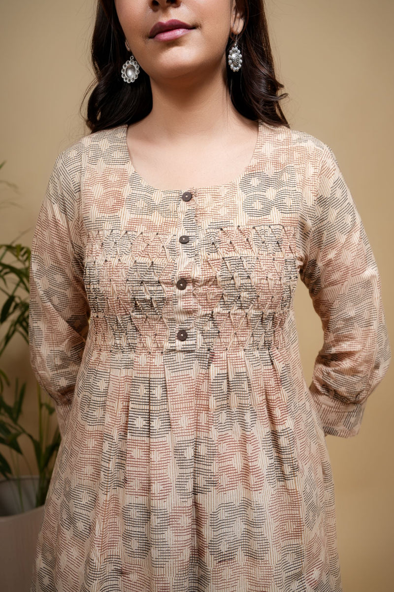 Beige Cotton Handblock Printed Wooden Button & Sequence Work Round Neck Women's Kurta