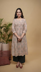 Beige Cotton Handblock Printed Wooden Button & Sequence Work Round Neck Women's Kurta