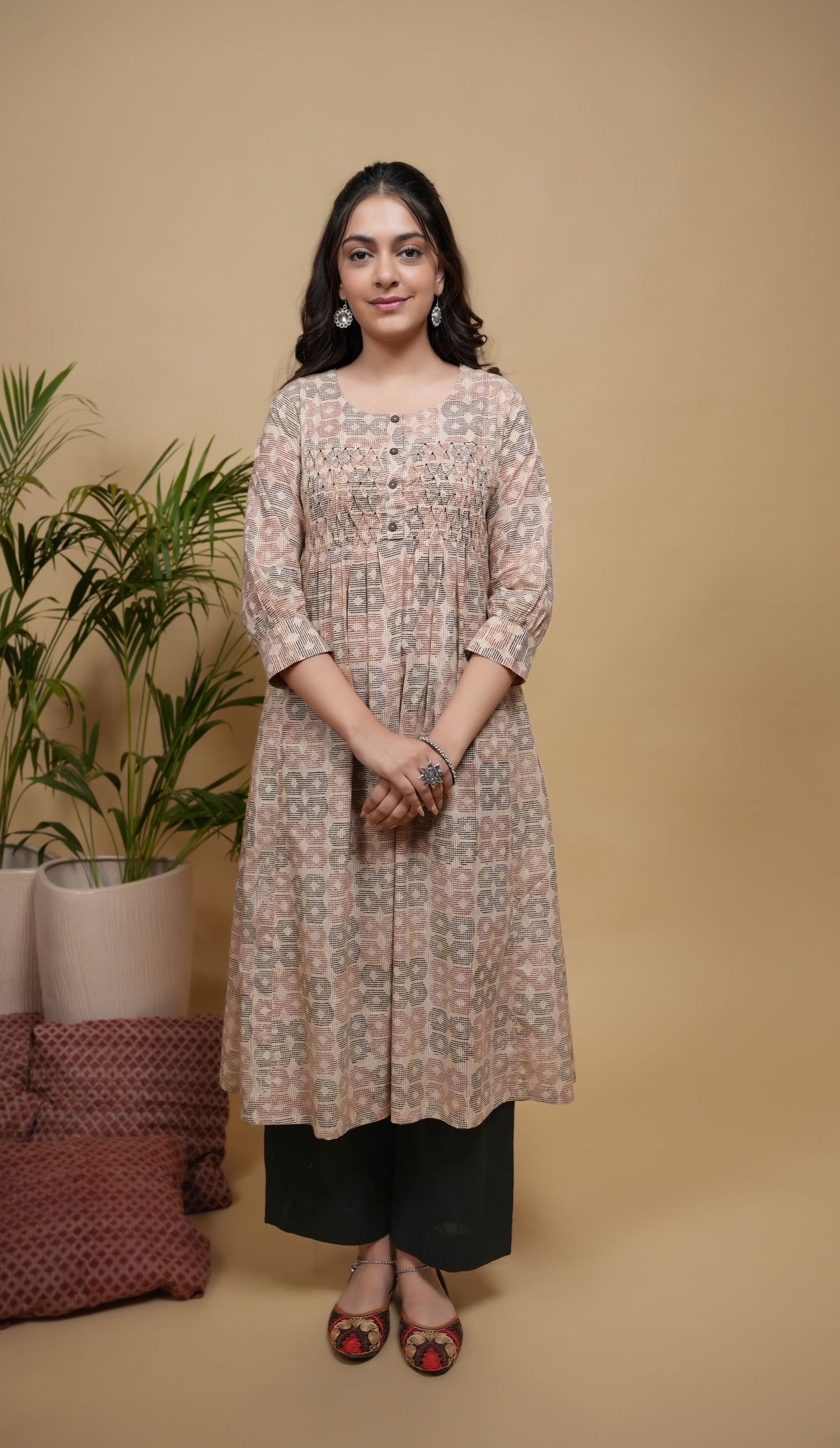 Beige Cotton Handblock Printed Wooden Button & Sequence Work Round Neck Women's Kurta