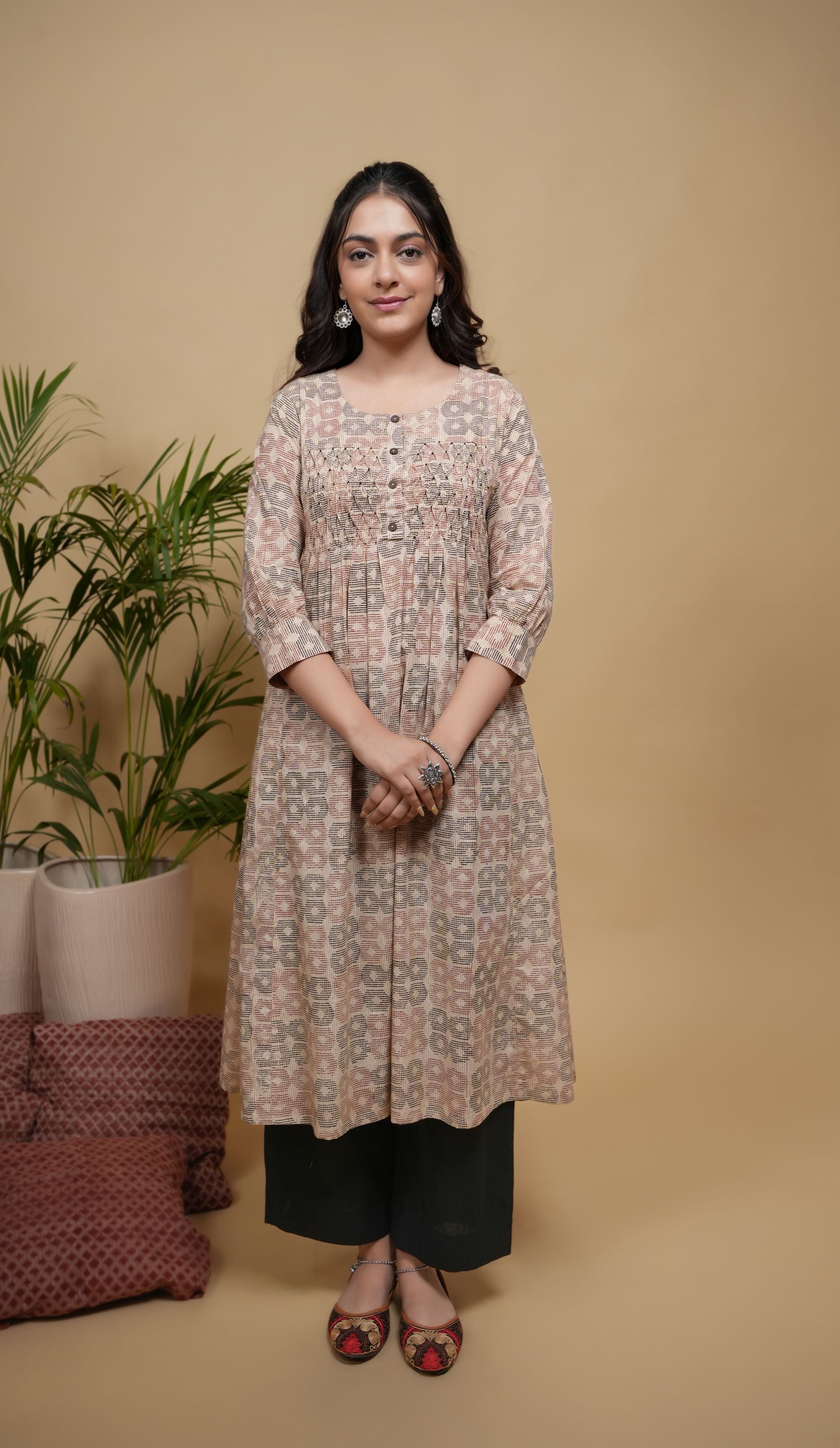 Beige Cotton Handblock Printed Wooden Button & Sequence Work Round Neck Women's Kurta