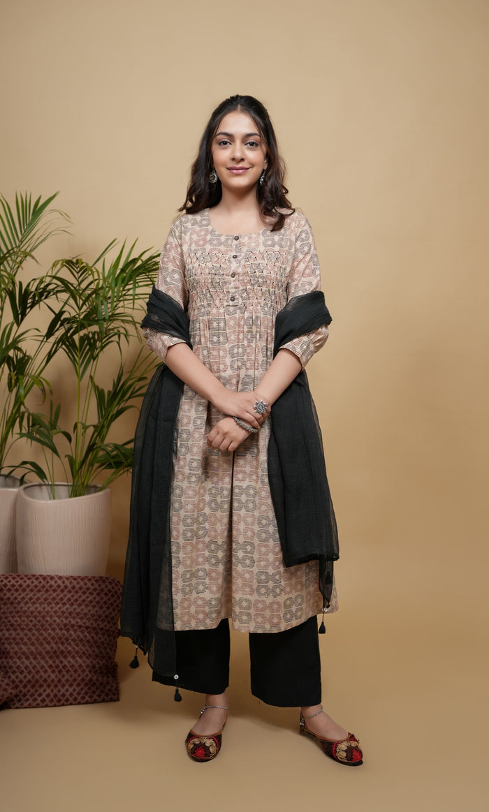 Beige Cotton Handblock Printed Wooden Button & Sequence Work Round Neck Women's Kurta