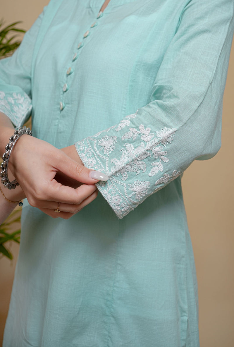 Light Blue Cotton Slub Round Neck Kurta For Women's