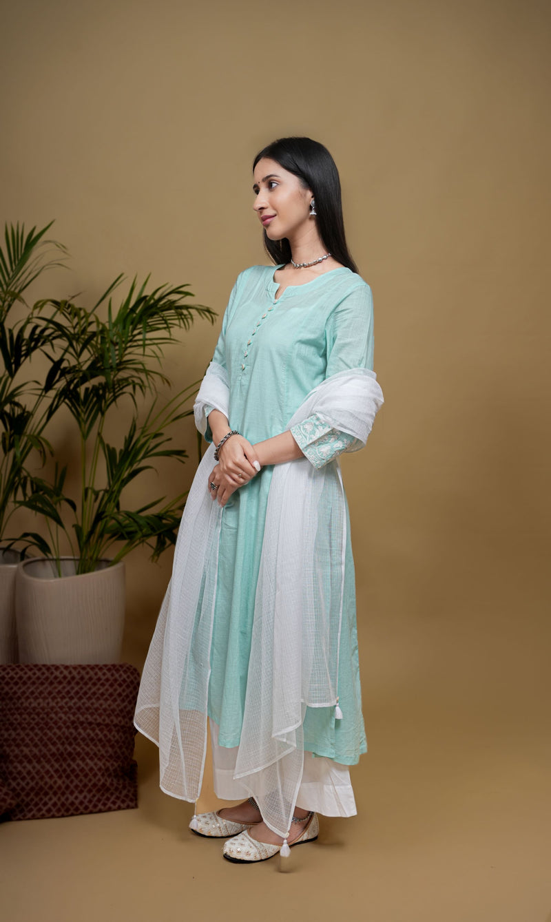 Light Blue Cotton Slub Round Neck Kurta For Women's