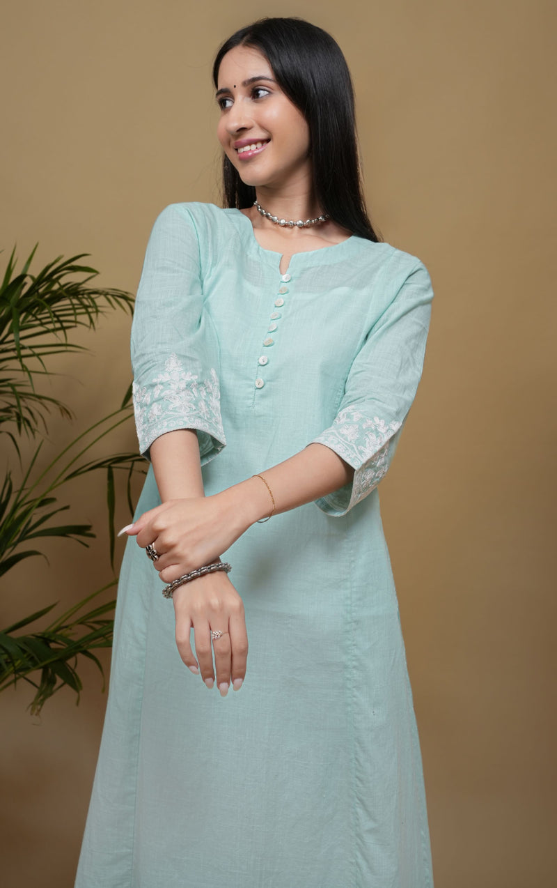 Light Blue Cotton Slub Round Neck Kurta For Women's