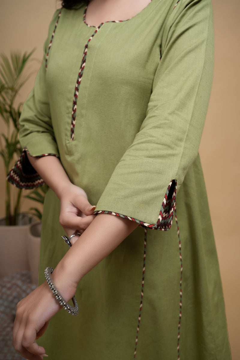 Green Kurta-Flex  Pant & Dupatta -Cotton Full- Set