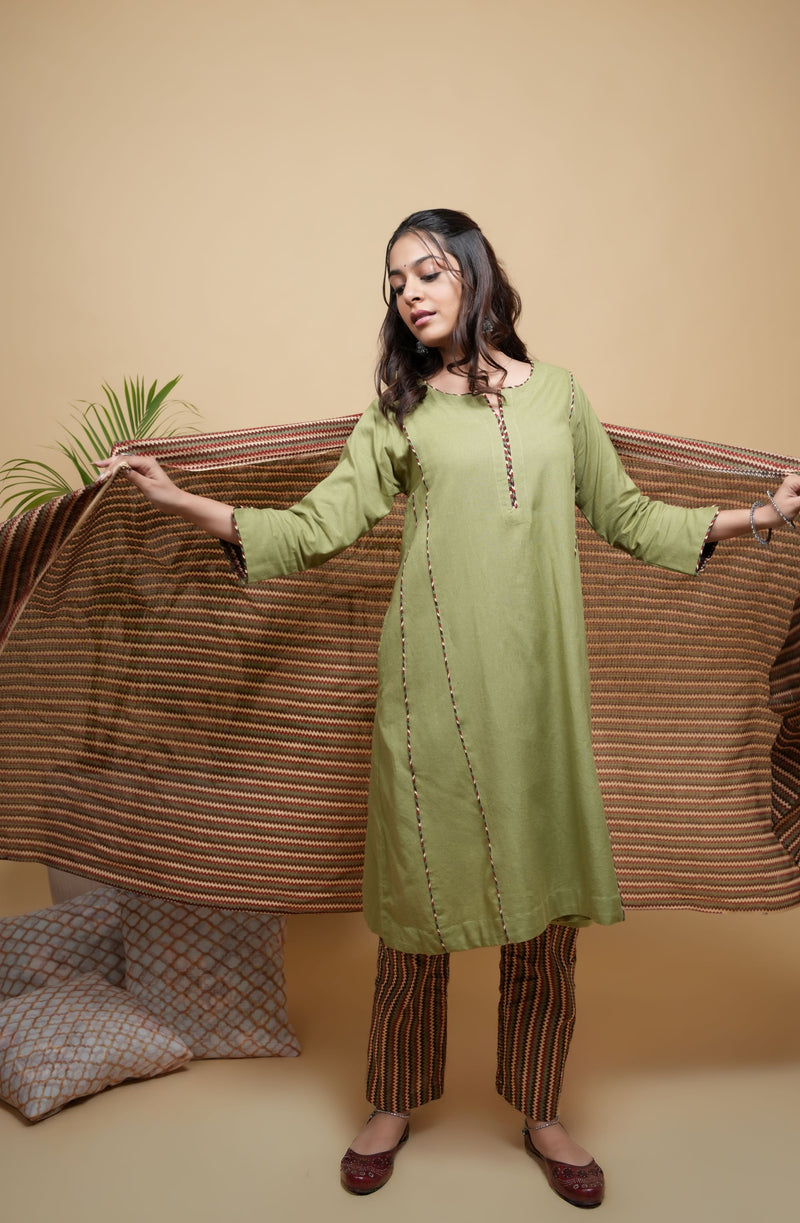 Green Kurta-Flex  Pant & Dupatta -Cotton Full- Set