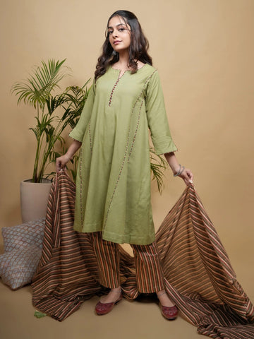 Green Kurta Pant & Dupatta Cotton Full- Set
