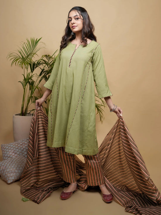 Green Kurta-Flex  Pant & Dupatta -Cotton Full- Set