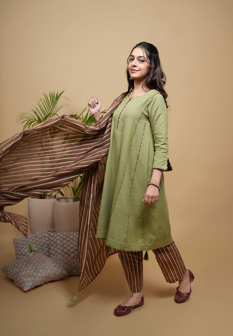 Green Kurta-Flex  Pant & Dupatta -Cotton Full- Set