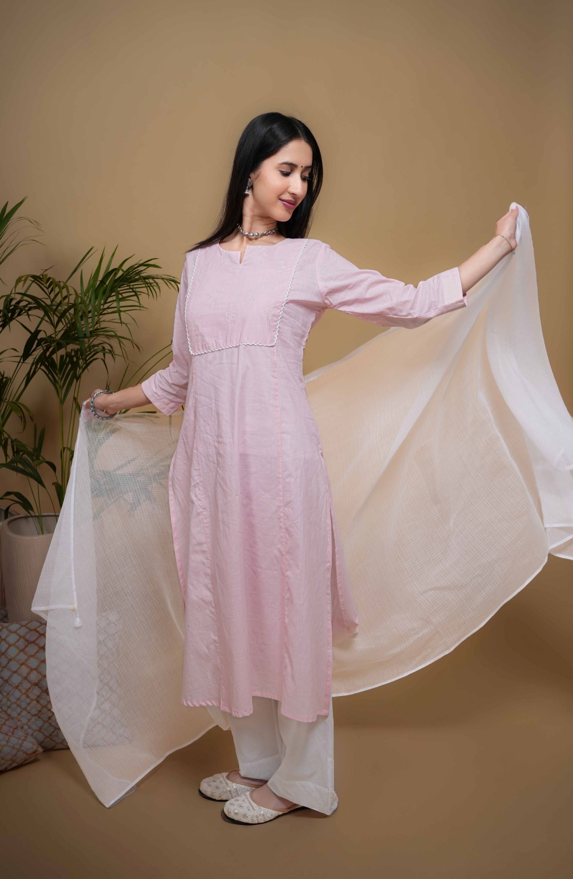 Baby Pink Cotton Round and V-Neck with White Floral Embroidery Kurta For Women's