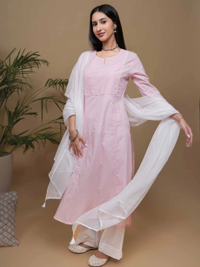 Baby Pink Cotton Round and V-Neck with White Floral Embroidery Kurta For Women's