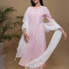 Baby Pink Cotton Round and V-Neck with White Floral Embroidery Kurta For Women's