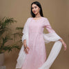 Baby Pink Cotton Round and V-Neck with White Floral Embroidery Kurta For Women's