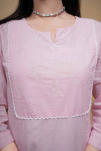 Baby Pink Cotton Round and V-Neck with White Floral Embroidery Kurta For Women's